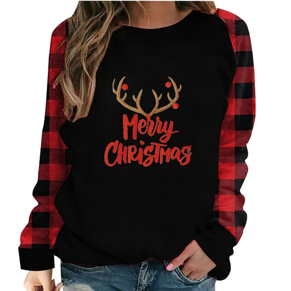 Odeerbi Christmas Tops For Women 2025 Long Sleeve Blouses Plaid Print Splicing Round Neck Pullover Shirt T-Shirt Black