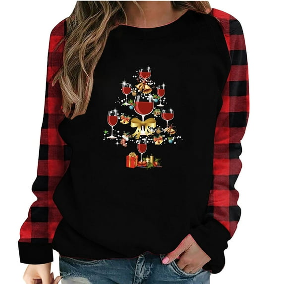 Odeerbi Christmas Tops For Women 2025 Long Sleeve Blouses Plaid Print Splicing Round Neck Pullover T-Shirt Black