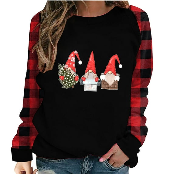 Odeerbi Christmas Tops For Women 2025 Long Sleeve Blouses Plaid Print Splicing Round Neck Pullover T-Shirt Black