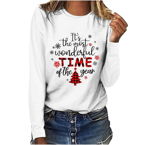Odeerbi Christmas Tops For Women Long Sleeve Blouses Christmas Tree Print 2025 Casual Round Neck T-shirt White