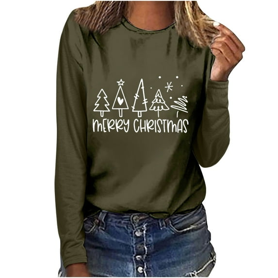Odeerbi Christmas Tops For Women Long Sleeve Blouses MERRY CHRISTMAS Floral Print 2025 Casual Round Neck T-shirt Olive Drab