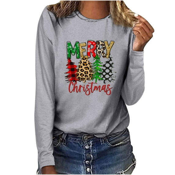 Odeerbi Christmas Tops For Women Long Sleeve Blouses MERRY CHRISTMAS Plaid Print 2025 Casual Round Neck T-shirt Gray