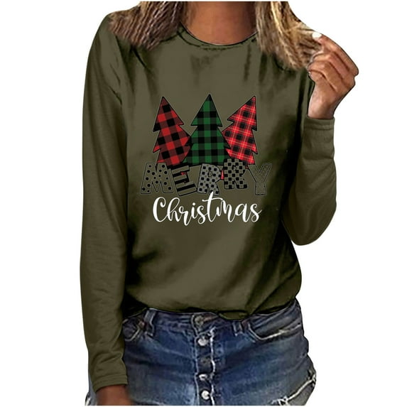 Odeerbi Christmas Tops For Women Long Sleeve Blouses MERRY CHRISTMAS Plaid Print 2025 Casual Round Neck T-shirt Olive Drab