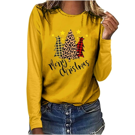Odeerbi Christmas Tops For Women Long Sleeve Blouses MERRY CHRISTMAS Plaid Print 2025 Casual Round Neck T-shirt Yellow