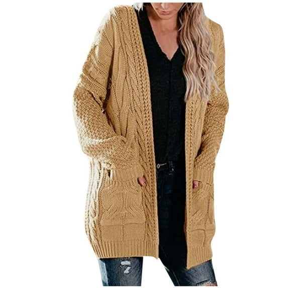 Odeerbi Chunky Cardigans For Women Cardigan Sweaters Solid Color Wool Pocket Recreational Long Sleeve Tops Khaki