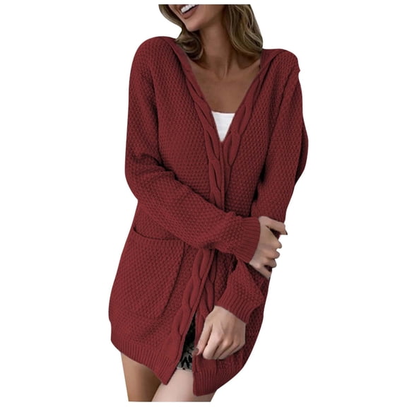 Odeerbi Chunky Cardigans For Women Cardigan Sweaters Solid Color Wool Pocket Recreational 2025 Long Sleeve Tops Red