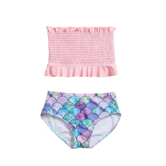 Odeerbi Clearance Girls Swimsuit Toddler Bikini pleated solid color printed tube top split