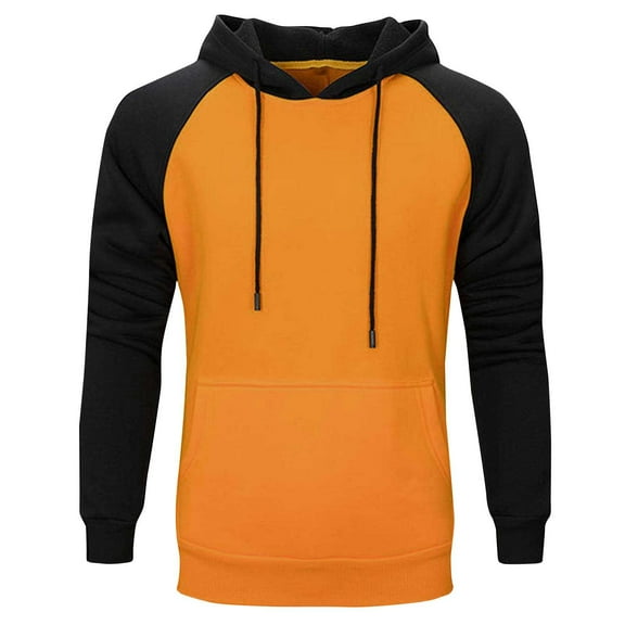 Odeerbi Hooded Sweatshirts for Men Hoodies Color Block Patchwork Blend Fleece Pullover Kanga Pocket Sweatshirts, Yellow