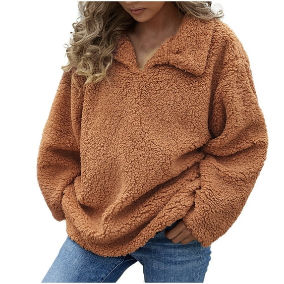 Odeerbi Clearance Jackets For Women Ladies Warm Faux Furry Coat Sweatshirts Winter V-neck Solid Outerwear, Brown