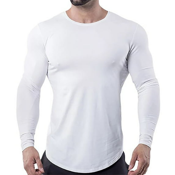 Odeerbi Clearance Men Shirts Long Sleeve Round-Neck Blouses New Autumn Solid Color Fitness T-shirt Bottoming Shirt Top, White