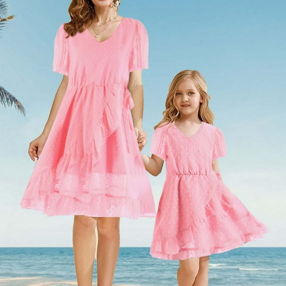 Odeerbi Mommy and Me Dresses Matching Outfits Pink Cute Princess Parent-child Dress V-neck Irregular Design Holiday Mother-daughter Dress Pink