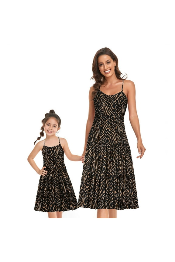 Mommy and Me Dresses,Matching Outfits,Parent-child Summer Leopard Print Beach Sleeveless Dress Mother-daughter Suit Kid,Brown