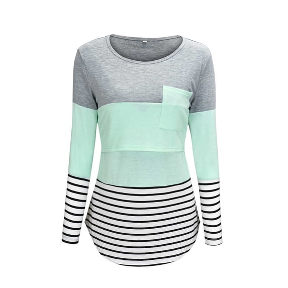 Odeerbi Women Maternity Shirts Nursing Clothes Top Blouses T-shirt Long Sleeve Stripe Light blue