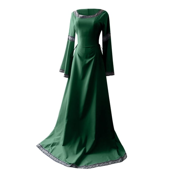 Odeerbi Clearance Women Medieval Dress Renaissance Fit Irregular Long Sleeve Cosplay Maxi Dress, Green