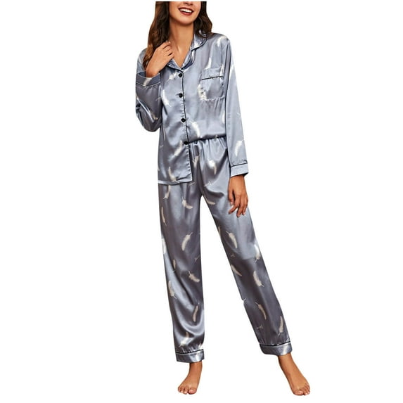 Odeerbi Clearance Women Pajama Sets Long Sleeves Sleepwear Fashion Print Home Wear Two-Piece Suit Pants Pajama Set,Gray