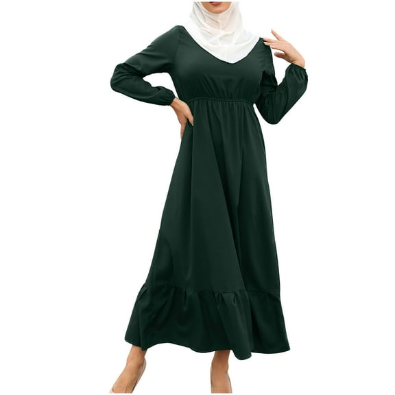 Odeerbi Women's Summer Dresses For Women Muslim Zipper Solid Color Long Sleeves Dress, Army Green