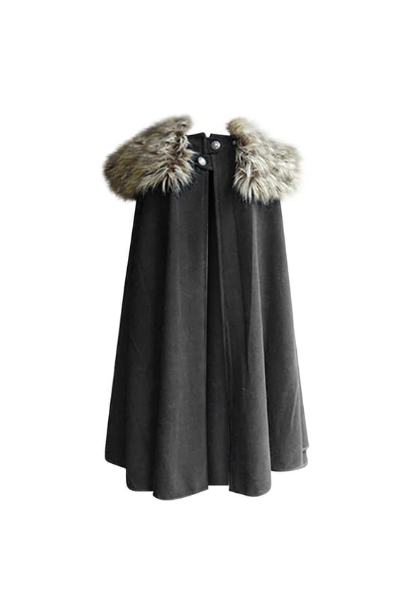 Cloak With Hood 2025 Fashion Solid Retro Steampunk Cape Woolen Plush Collar Coat Gray