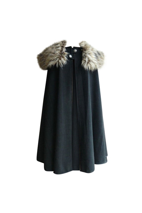 Cloak With Hood 2025 Fashion Solid Retro Steampunk Cape Woolen Plush Collar Coat Navy