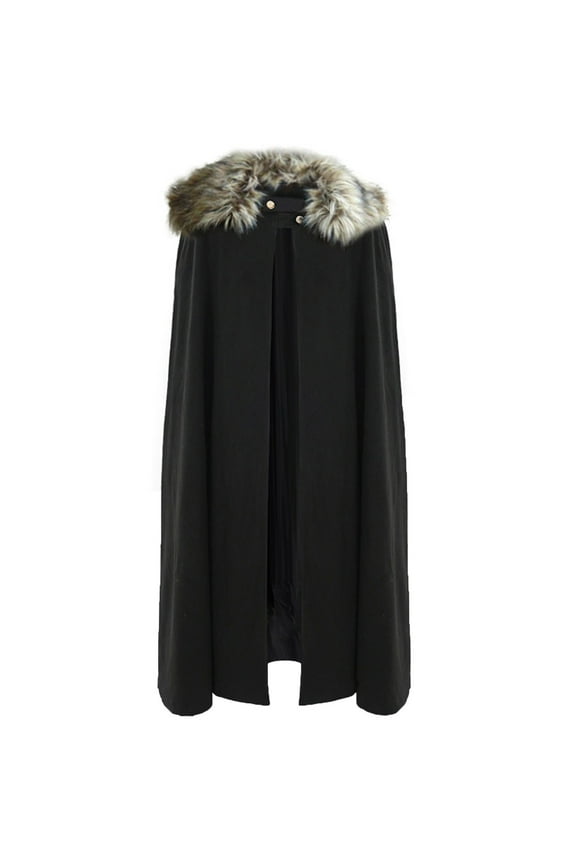 Cloak With Hood Men Solid Retro Steampunk Cape Woolen Plush Collar Coat Black