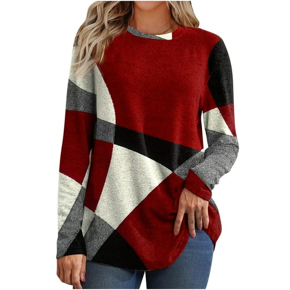 Odeerbi Color Block Shirts for Women Casual Round Neck Long Sleeve Printed Loose Shirt Blouse Tops Red