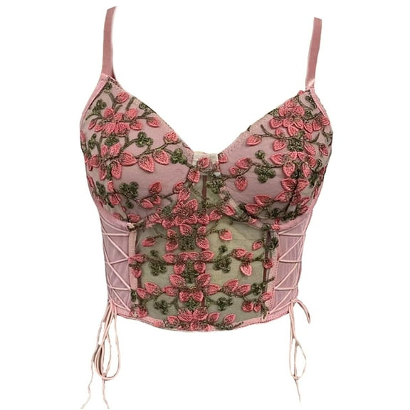 Odeerbi Corset Top for Women Shapewear Bodyshaper Tummy Control 2025 Fashion Erogenous Lace Mesh Patchwork Bandage Embroidery Chest Wrap Short Camis Vest Pink