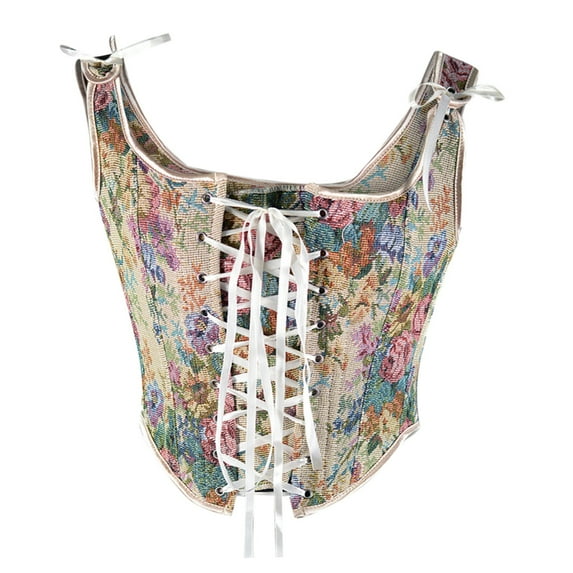 Odeerbi Corset Top for Women Shapewear Bodyshaper Tummy Control Waist Trainer 2025 Casual Erogenous Eyelet Lace-up Floral Print Fishbone Court Vintage Straps White