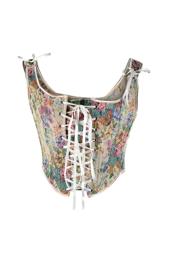 Corset Top for Women Shapewear Bodyshaper Tummy Control Waist Trainer 2025 Casual Erogenous Eyelet Lace-up Floral Print Fishbone Court Vintage Straps White
