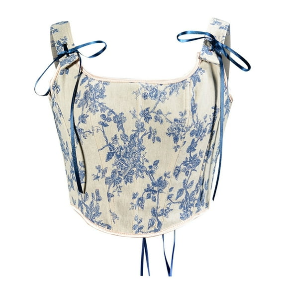 Odeerbi Corset Top for Women Shapewear Bodyshaper Tummy Control Waist Trainer 2025 Casual Erogenous Eyelet Lace-up Floral Print Fishbone Court Vintage Straps Beige