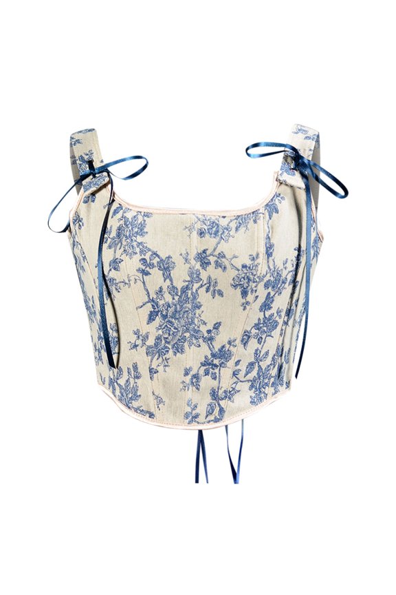 Corset Top for Women Shapewear Bodyshaper Tummy Control Waist Trainer 2025 Casual Erogenous Eyelet Lace-up Floral Print Fishbone Court Vintage Straps Beige