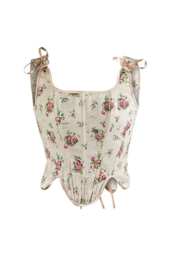 Corset Top for Women Shapewear Bodyshaper Tummy Control Waist Trainer 2025 Casual Erogenous Eyelet Lace-up Floral Print Fishbone Court Vintage Straps Pink