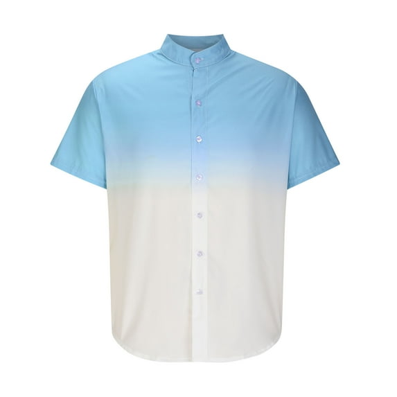 Odeerbi Cotton Linen Beach Shirts for Men Button Up Shirt Fashion Gradient Printing Short Sleeve Loose Tops Light Blue