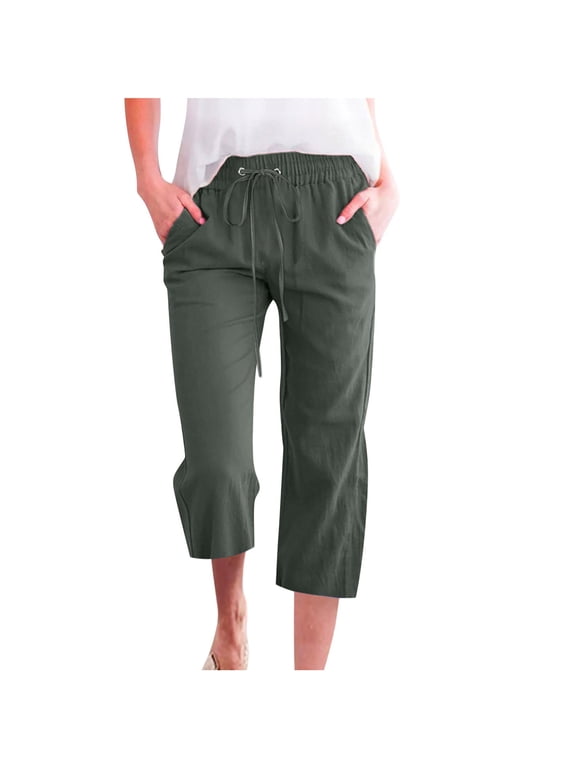 Cotton Linen Capris for Women Summer Solid Color Drawstring Smocked Waist Wide Leg Pants Fashion Casual Breathable Straight Loose Trousers With Pocket Olive Green