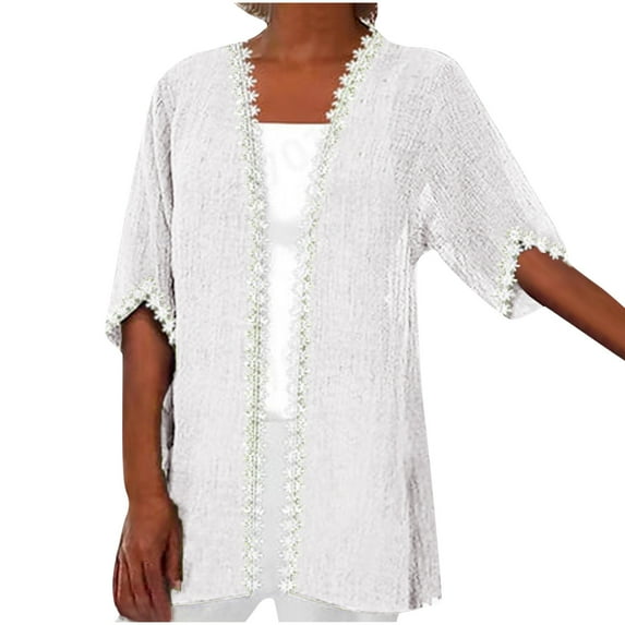 Odeerbi Cotton Linen Cardigan for Women Summer Half Sleeve Kimono Cover Up Fashion Casual Solid Color Open Front Tops White