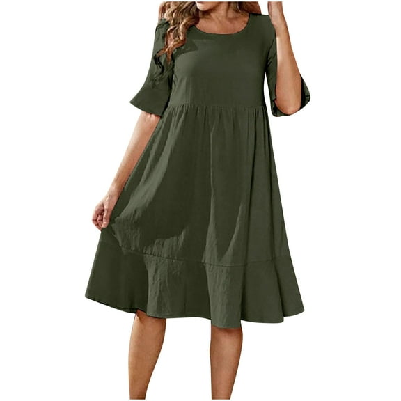 Odeerbi Cotton Linen Dress for Women Fashion Summer Casual Round Neck Solid Color Short Sleeve Dress Olive Green
