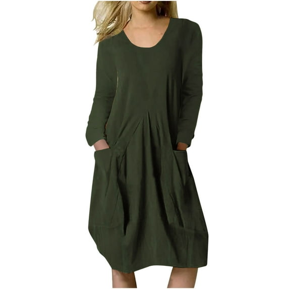 Odeerbi Cotton Linen Dress for Women Long Sleeve Casual Loose Dress Round Neck Solid Color Dress with Pocket Orange