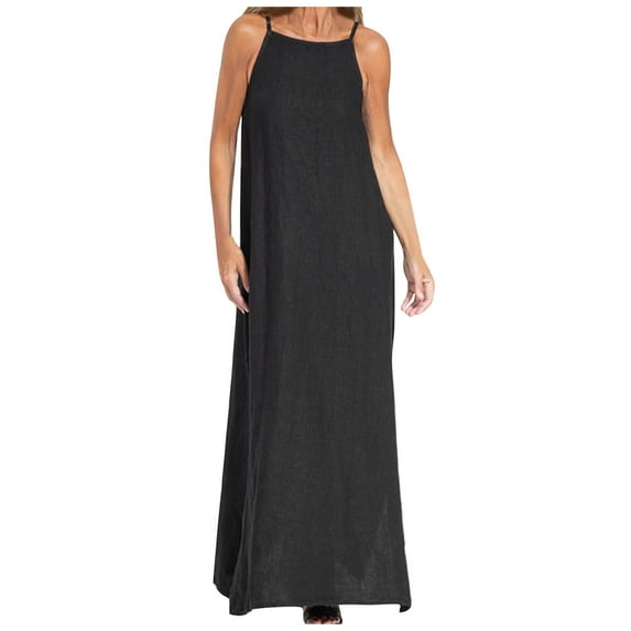 Odeerbi Cotton Linen Dress for Women Spring Summer Breathable Comfortable Solid Color Loose Sling Dress Black
