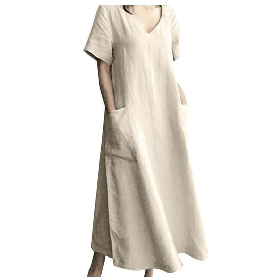 Odeerbi Cotton Linen Dress for Women Spring Summer Casual Solid Color V-Neck Short Sleeve Dress with Pocket Khaki