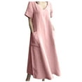 thumbnail image 1 of Odeerbi Cotton Linen Dress for Women Spring Summer Casual Solid Color V-Neck Short Sleeve Dress with Pocket Pink, 1 of 9