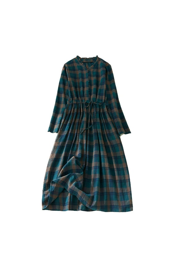 Cotton Linen Dress for Women Tunic Waist Lace Up Mid Length Plaid Dress Summer Breathable Comfortable Retro Dress Blue