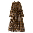 thumbnail image 1 of Odeerbi Cotton Linen Dress for Women Tunic Waist Lace Up Mid Length Plaid Dress Summer Breathable Comfortable Retro Dress Coffee, 1 of 5