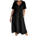 thumbnail image 1 of Odeerbi Cotton Linen Dresses For Women Casual Solid Midi Dress Trendy V-Neck Short Sleeve Button Dress with Pocket Black, 1 of 8