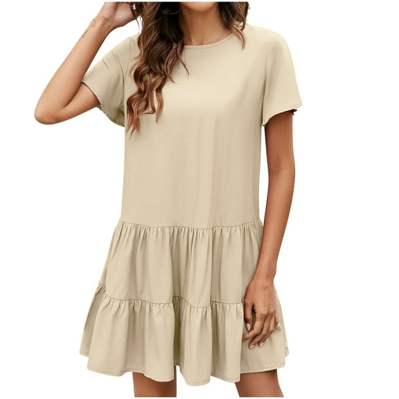 Odeerbi Cotton Linen Dresses For Women Temperament A-line Skirt Round Neck Short Sleeve 2025 Casual Dress Beige