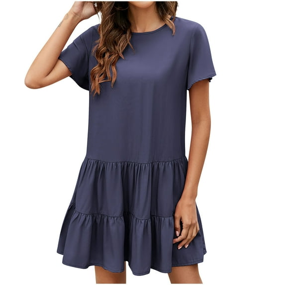 Odeerbi Cotton Linen Dresses For Women Temperament A-line Skirt Round Neck Short Sleeve 2025 Casual Dress Navy