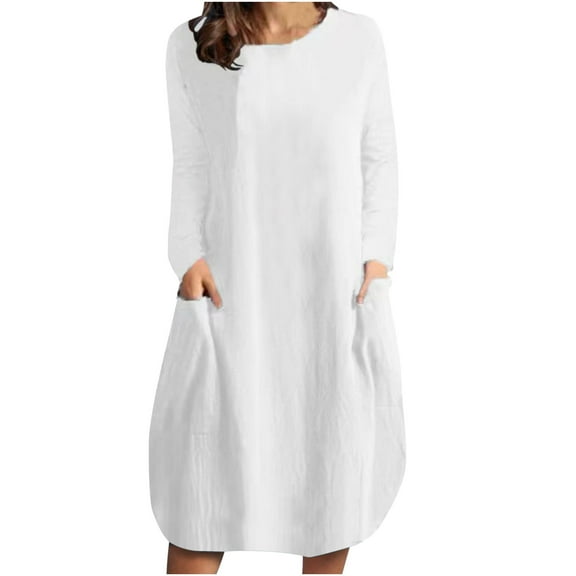 Odeerbi Cotton Linen Dresses for Women 2025 Casual Solid Dress Round Neck Long Sleeve Mid-Calf Dress with Pocket Blue