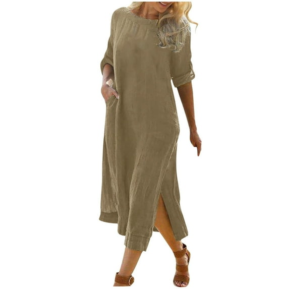 Odeerbi Cotton Linen Maxi Dresses for Women 2025 Trendy Solid Color Round Neck Mid Sleeve Dress Hot Pink