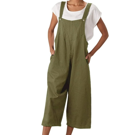 Odeerbi Cotton Linen Overalls for Women Fashion Summer Loose Dungarees Solid Color Casual Camis Sleeveless Suspender Jumpsuit Olive Green
