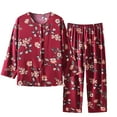 thumbnail image 1 of Odeerbi Cotton Linen Pajama Set for Women Long Sleeve Top and Long Pants 2 Piece Loungewear Soft Sleepwear Summer Round Neck Pajamas Set Printed Tops Pants Set Red, 1 of 3