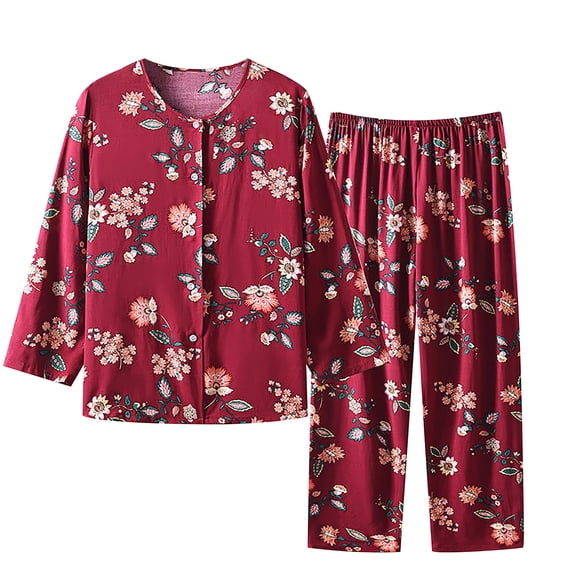 Odeerbi Cotton Linen Pajama Set for Women Long Sleeve Top and Long Pants 2 Piece Loungewear Soft Sleepwear Summer Round Neck Pajamas Set Printed Tops Pants Set Red