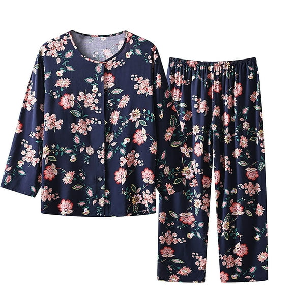 Odeerbi Cotton Linen Pajama Set for Women Long Sleeve Top and Long Pants 2 Piece Loungewear Soft Sleepwear Summer Round Neck Pajamas Set Printed Tops Pants Set Navy