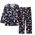 thumbnail image 1 of Odeerbi Cotton Linen Pajama Set for Women Long Sleeve Top and Long Pants 2 Piece Loungewear Soft Sleepwear Summer Round Neck Pajamas Set Printed Tops Pants Set Navy, 1 of 3